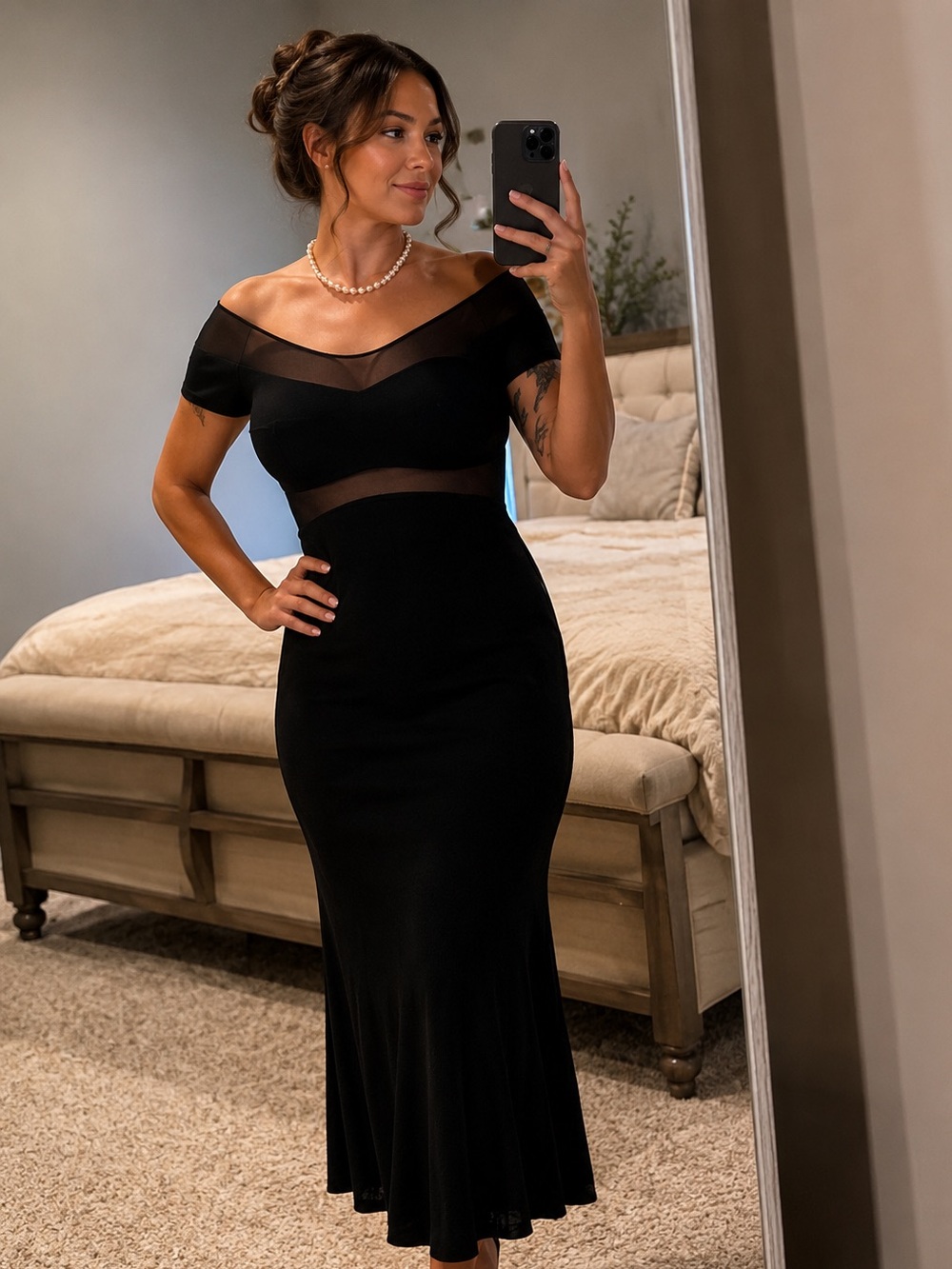 Vintage 90s Off-Shoulder Black Fishtail Mermaid Midi Dress W/ Sheer Mesh Panels